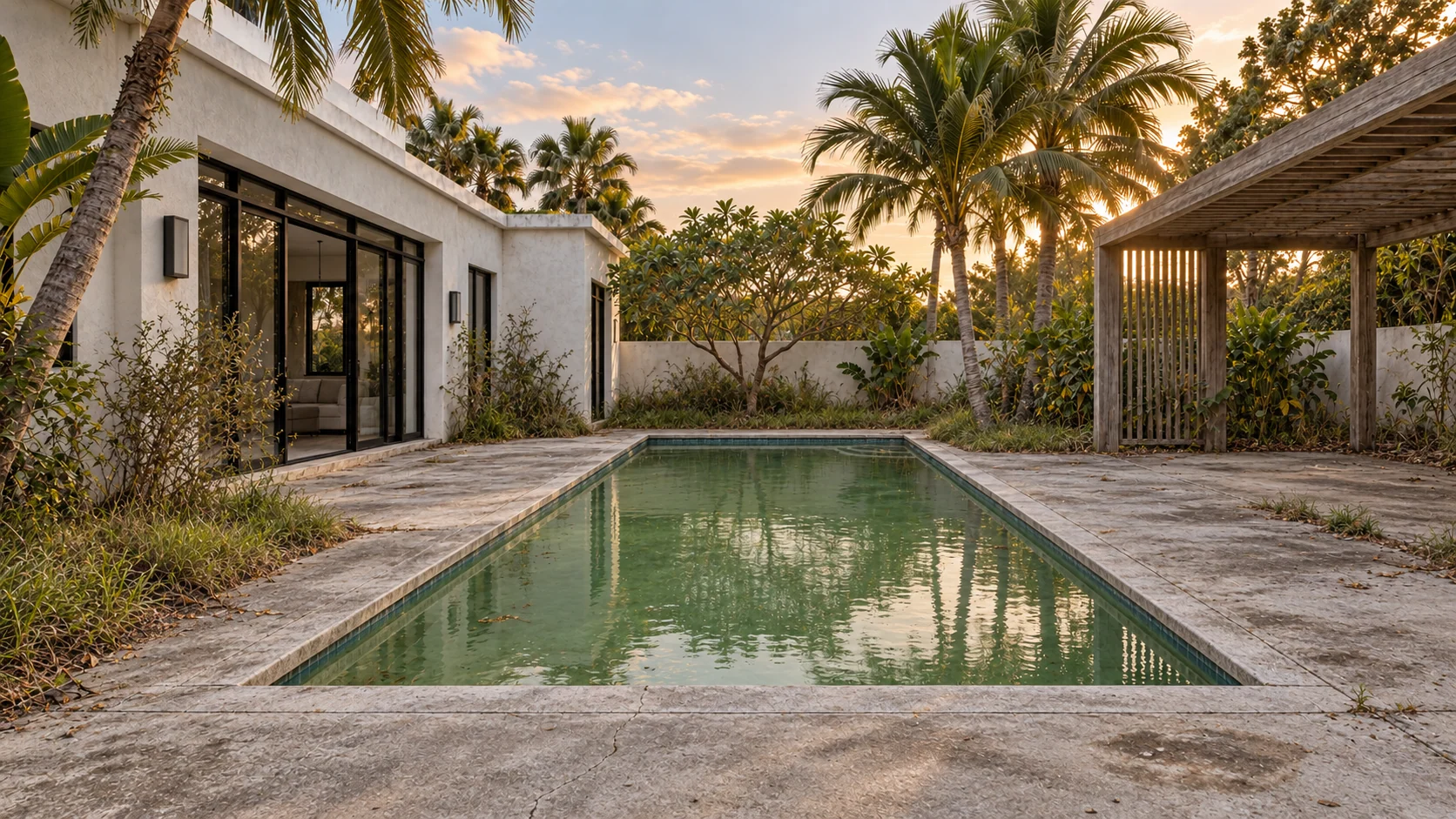 Generated courtyard concept: weathered concrete, sparse planting and a dull pool. The after concept adds clean paving, lush plants and a refreshed pool.