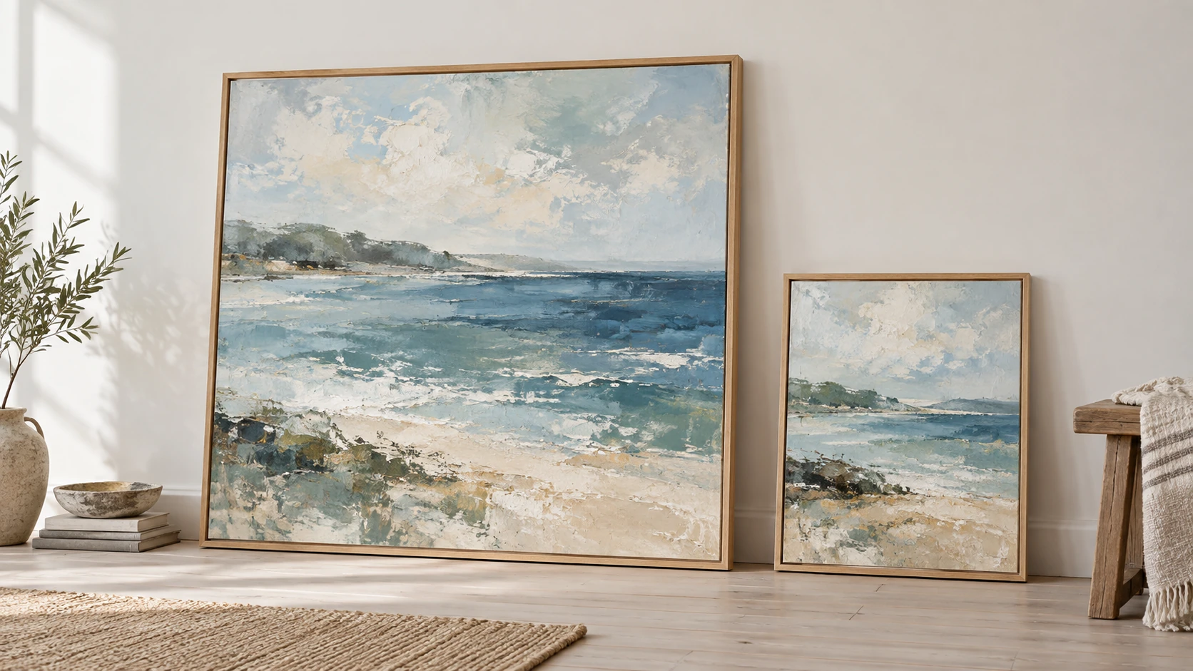 Two framed coastal paintings displayed in a studio