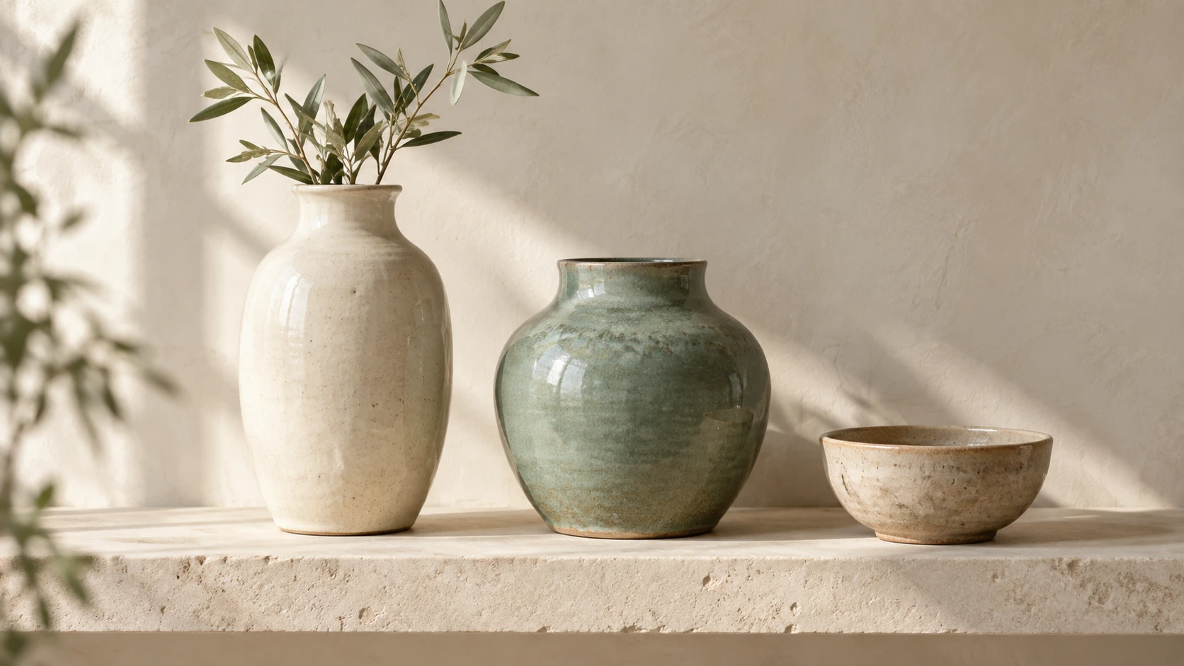 Three handmade ceramic vessels in soft natural light