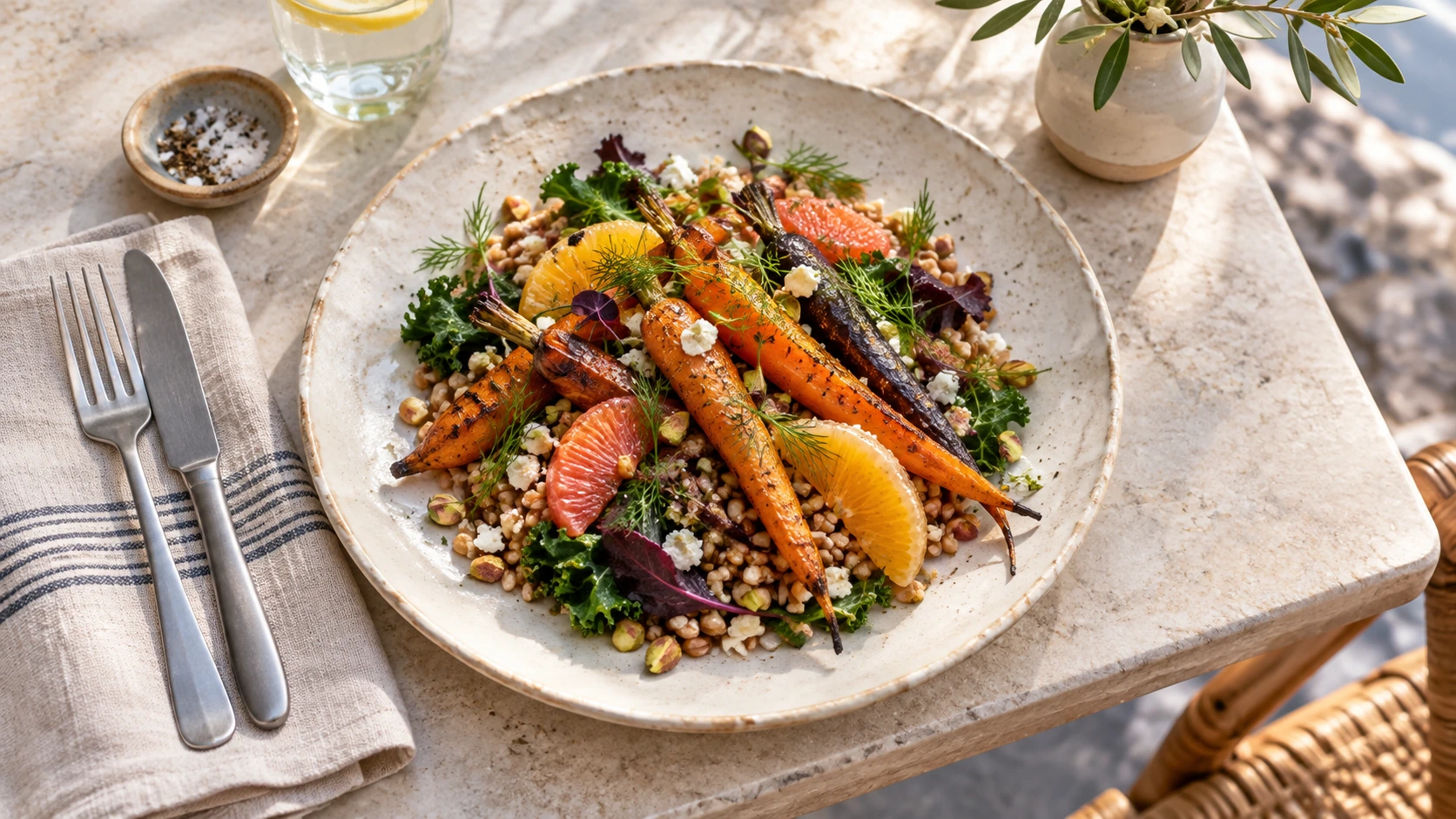 A plated roasted vegetable and citrus dish