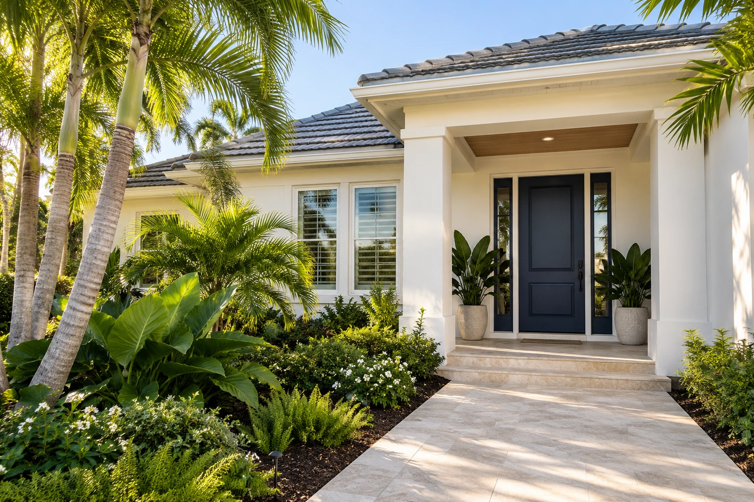 A coastal home entrance surrounded by palms