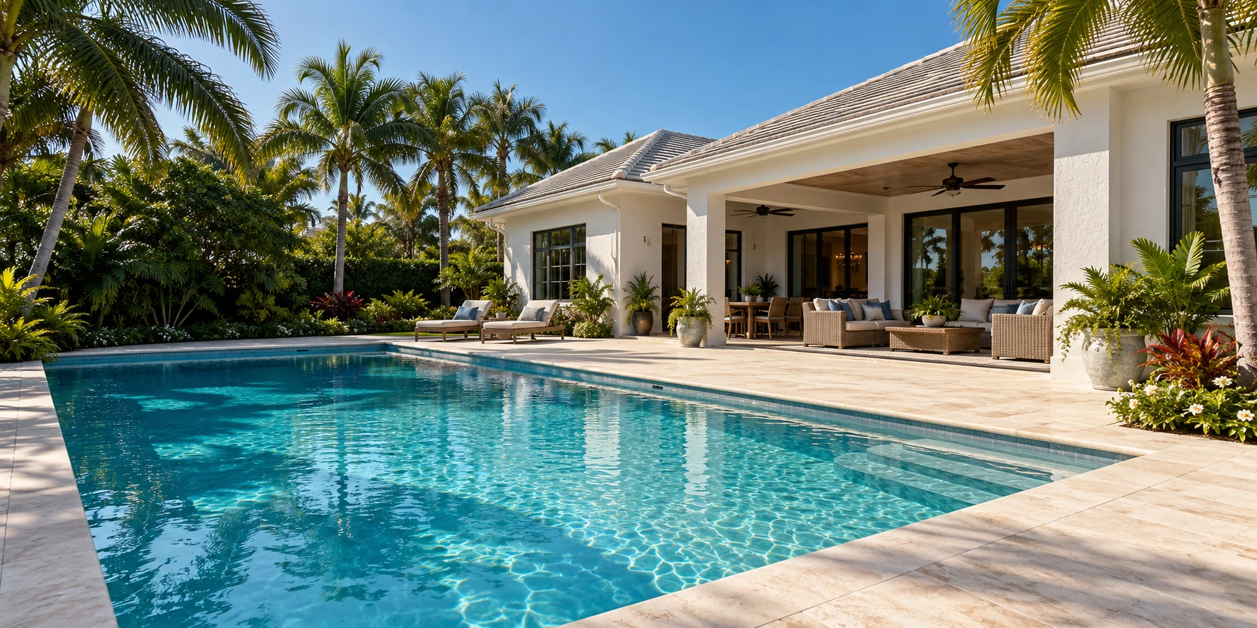 An inviting pool and shaded outdoor living area