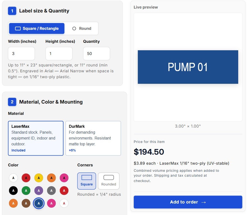 Axiom Tags label builder with dimensions, material and color options, live preview and pricing