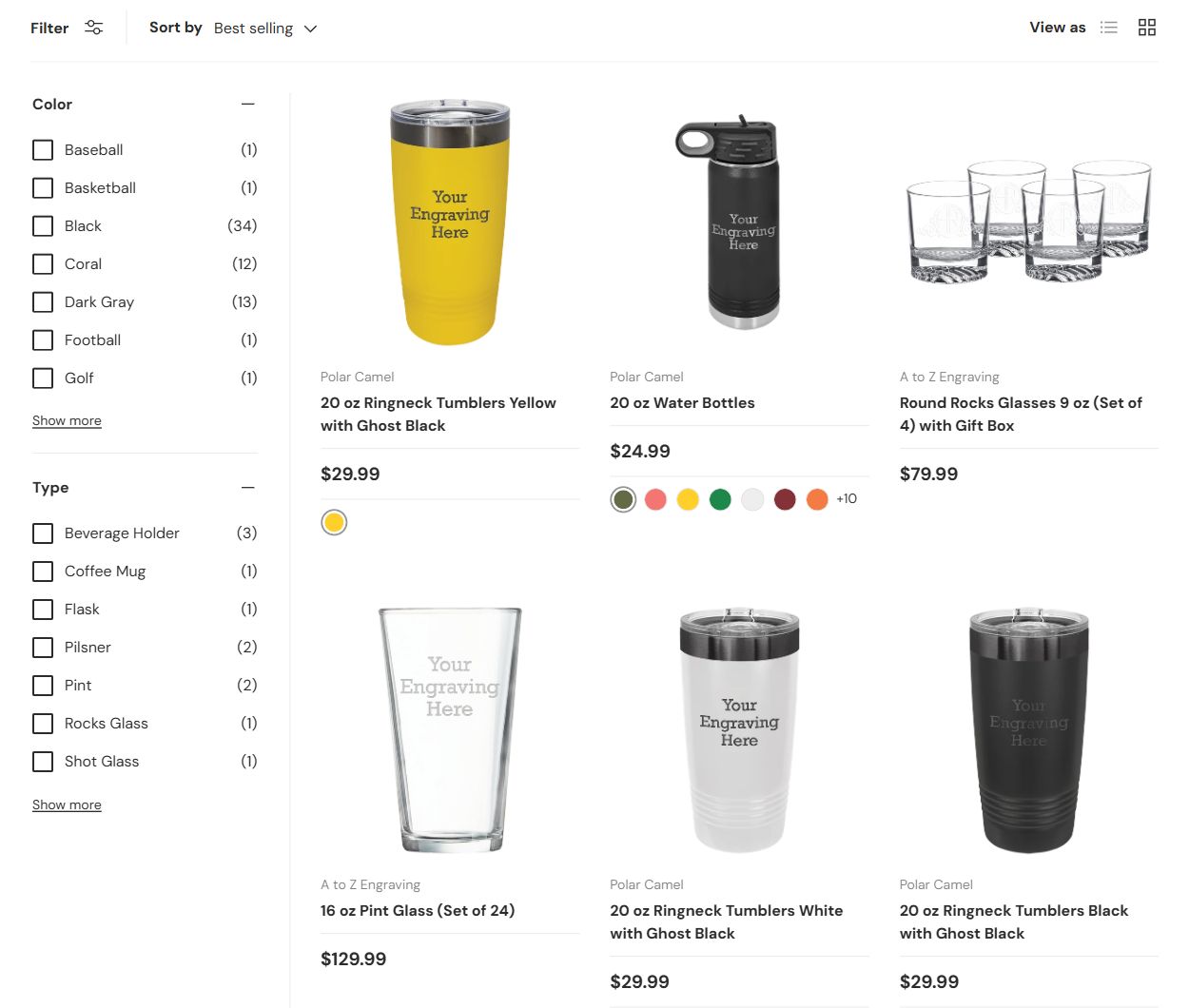 A to Z Engraving — Drinkware catalog interface