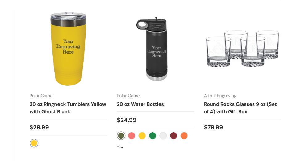 A to Z Engraving drinkware catalog with bottles, tumblers and color choices