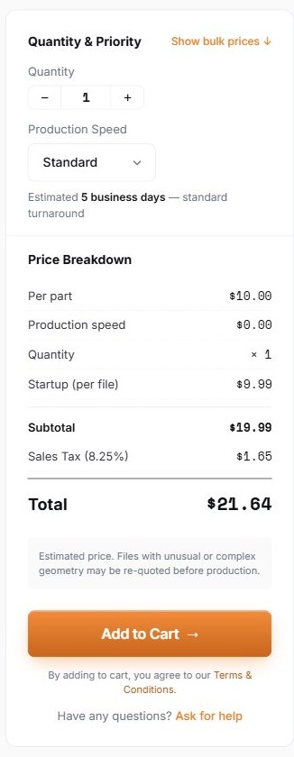 File2Forge — Price breakdown interface