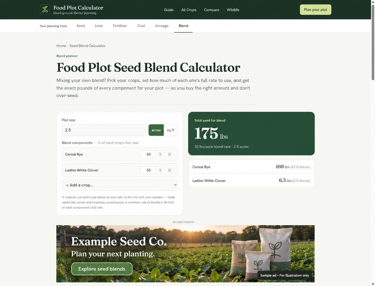 Food Plot Calculator blend tool with an illustrative banner labeled Sample ad — For illustration only