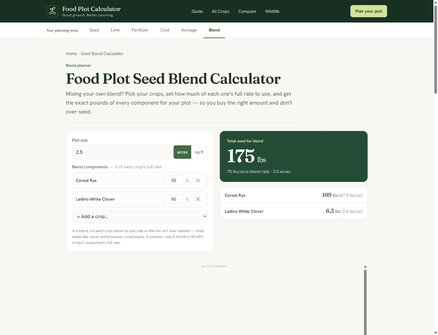 Live Food Plot Calculator screenshot with an unfilled advertising area