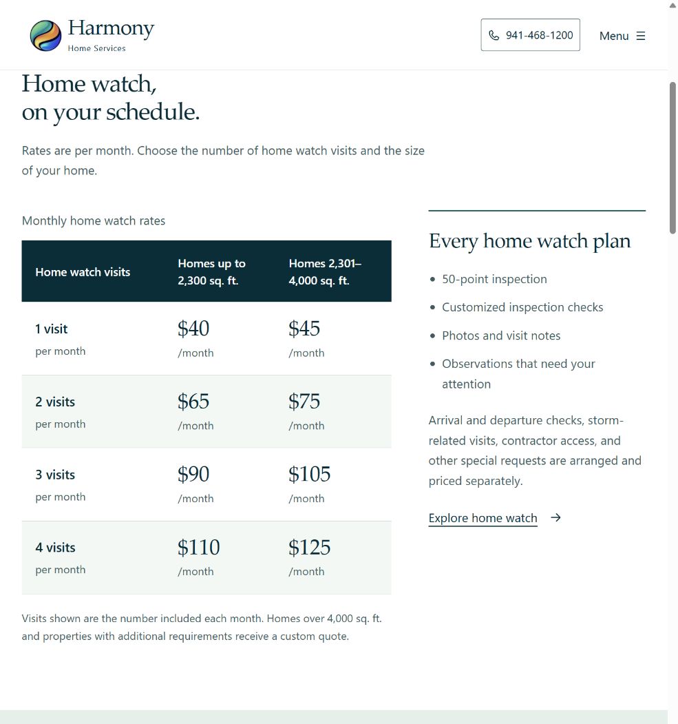 Harmony Home Services — Pricing interface